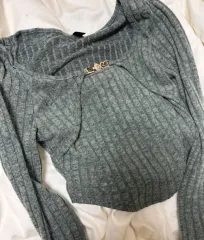 シャイン グレー 長袖 ニット クロップドTシャツ