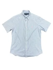 POLO RALPH LAUREN(ポロラルフローレン) スカイブルー ピンクロゴ ストライプ 綿 半袖シャツ M
