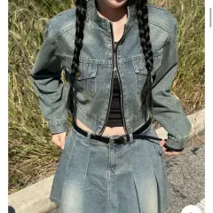 ヴィンテージウォッシュクロップドライトブルーデニムジャケット ノーカラーツーウェイクロップドライトブルージャケット