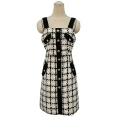 3325 黒 アイボリー レイヤード ノースリーブ ツイードワンピース