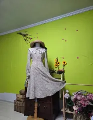 日本製品/ ダブルカラー ／ リボンデコレーション デートルック/ 花柄 ロング丈ワンピース