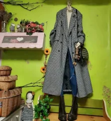 襟/ダブルボタン ／ ダブルロングコート /ヘリンボーン チェックロングコート/ロングコート