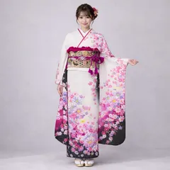 ⑫振袖 成人式 白 黒 ピンク 花柄  振袖7点セット フルセット 可愛い振袖 前撮り 和装 フォト撮影 中古振袖 Lサイズ グラマーサイズ ぽっちゃり ふくよか プラスサイズ