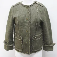 マカフィー MACPHEE トゥモローランド ノーカラー ツイード ジャケット 36 緑系 カーキ フリンジ 星 ピンバッジ スナップボタン 裏地