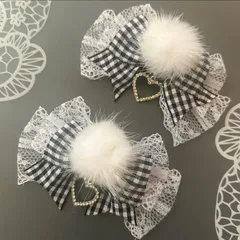 キラキラハート♡ファーギンガムレースリボン　黒　ブラック　ヘアクリップ  量産型　地雷　ゴスロリ　天使界隈　サブカル　コンカフェ