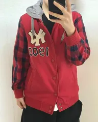 ヴィンテージ MLB チェック柄 赤 フード ボタン オタク ジップアップ