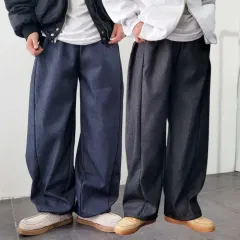 ヒーター 裏起毛 デニム シャーリング サイド ゴム ロングレングス ワイド パンツ 2 カラー 28 ー 34