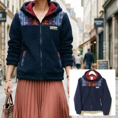 個性的【TITICACA】チチカカ  ボア フリース ジップアップ パーカー ジャケット ネイティブ エスニック 総柄 幾何学模様 ネイビー 紺色 濃紺 レディース フリー サイズM FREE /M43747jQ