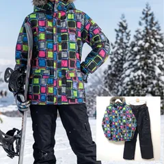 映えるネオンカラー【ICEPARDAL】 アイスパーダル スノーウエア 上下セット セットアップ スキー スノボ スノーボード 総柄 幾何学模様 ブラック 黒 派手色 レディース 女性用 9号 Mサイズ相当 /M43750jQ