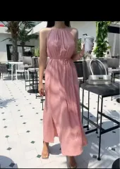 ピンク ホルターネック ノースリーブ Long ワンピース