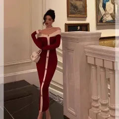 オフショルダー バイカラー 長袖 ロング ONE PIECE 出品 (2 color)(新品)