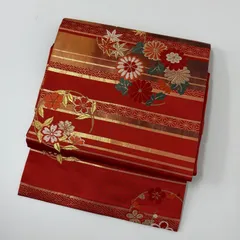 名古屋帯 唐織 横断に花柄 素敵な加工 九寸 正絹 着物 MA-4980