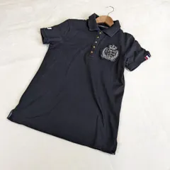 M・U SPORTS / エムユースポーツ 金ボタン×エンブレム刺繍 半袖 ポロシャツ 42  ブラック 日本製 ゴルフウェア レディース 良好