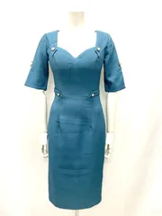 1032 JEAN MACLEAN ジャンマクレーン キャバクラ ドレス ミディ ワッフル スクエアネック ゴールドパールボタン タイト キャバドレス M