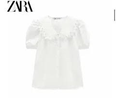 ZARA(ザラ) ブラウス パフ 半袖 レース 白 マキシ カラー ポプリン シャツ