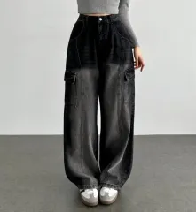 ウエスト後ろゴム y2k ヴィンテージ ウォッシュ カーゴ ワイド デニム パンツ