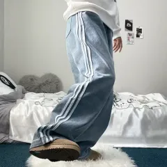 新品 3本線 ワイド デニム パンツ 青 S