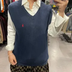 (157) POLO ポロ ラルフローレン ロゴ 刺繍 Vネック ベスト ネイビー