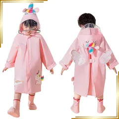 【新品】 [Volunboy] レインコート キッズ 男の子 女の子 ポンチョ カッパ ランドセル対応 反射テープ付 恐竜柄 ユニコーン 雨具 通園 通学 収納バッグ付き 90-140cm (ピンク,100) 0