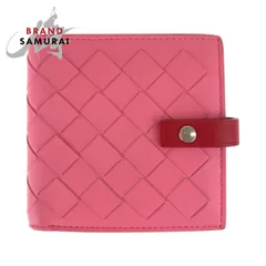 美品 BOTTEGAVENETA ボッテガヴェネタ イントレチャート ピンク レッド シルバー金具 レザー 折財布 コンパクトウォレット 504839【中古】