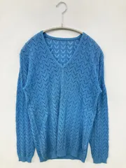 ニット/セーター ブルー ニット 無地 ミドル丈 Vネック