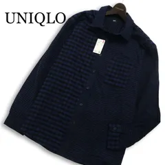 【新品 未使用】 UNIQLO ユニクロ 切替★ 長袖 フランネル チェック シャツ Sz.L メンズ ネイビー