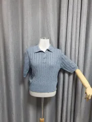 青 ケーブル 半袖ニット