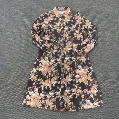 ローラアシュレイ ブラウンコーデュロイ 花柄 コットン シャツ ロング丈ワンピース