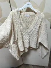 新品 Vネック アイボリー 高級編み ルーズフィット レディースニット