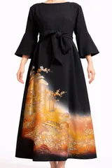 着物リメイク ワンピース ドレス 黒留袖 正絹 落款 作家物 松竹梅 金銀彩