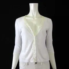 22オクトーブル 22 OCTOBRE カーディガン サマー リブニット レース クリアボタン Vネック 7分袖 M 2 白 ホワイト クリームイエロー