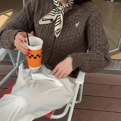 ケーブル編み ケーブル 刺繍 カーディガン ブラウン