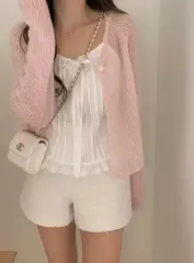 スルム コーディネートセット ピンクカーディガン 白 ピンタック ノースリーブ ブラウス