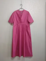 Vネック パフスリーブ ホットピンク ロング丈ワンピース