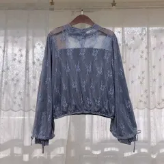 日本 ヴィンテージ ショルダー シースルー ブルー レース ブラウス トップス