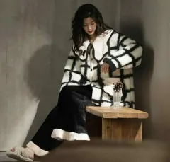 ビック襟 チェック フリース ジャケット