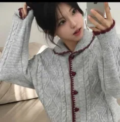 ハート ボタン カラー ニット カーディガン ライトグレー free