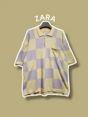 M ／ ZARA(ザラ) ルーズフィット チェック 半袖 ニット セーター 黄色 紫 0430