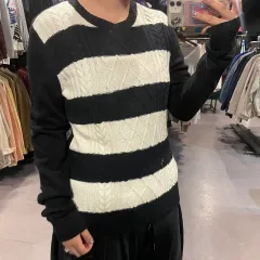 (386) CHAMPS ヴィンテージ ケーブル編み ストライプ ロングスリーブニット ブラック ホワイト