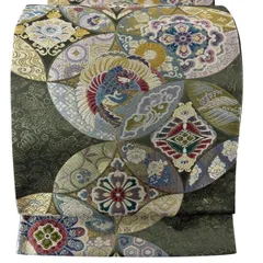 【美品】 袋帯 逸品 とみや織物 花鳥 七宝文 刺繍 金糸 茶緑色 六通 正絹 【中古】