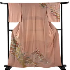 訪問着 身丈161cm 裄丈64cm M 袷 松井青々 落款 菊 鴛鴦 金彩 ピンク 正絹 逸品 【中古】のサムネイル