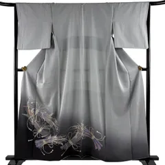 色留袖 身丈158.5cm 裄丈65.5cm M 袷 落款 稲 組紐 金銀彩 ラメ 灰色 正絹 名品 一つ紋 【中古】