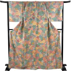 【美品】 小紋 身丈169cm 裄丈69cm L 袷 地紋起こし 葡萄 幾何学 灰茶 正絹 秀品 【中古】