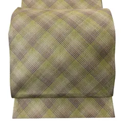 袋帯 秀品 斜め格子 金通し 抹茶色 全通 正絹 【中古】
