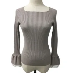 ナチュラルビューティーベーシック NATURAL BEAUTY BASIC カットソー ニット スクエアネック リブ フレアカフス 長袖 FR ベージュ