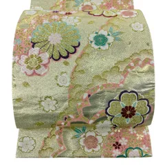 袋帯 秀品 振袖向き 桜 花びら 金糸 箔 金色 全通 正絹 【中古】