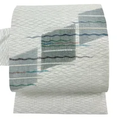 【美品】 名古屋帯 秀品 夏帯 幾何学 よろけ縞 灰白 正絹 【中古】