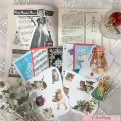 海外 ヴィンテージ 紙もの 素材セット ジャンクジャーナル コラージュ おすそ分けファイル ねこ 蚤の市
