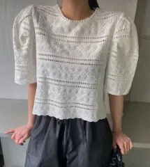 白半袖コットン夏パフエンブロイダリー刺繍レースブラウス