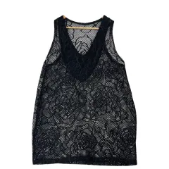 JPN 黒 シースルー フラワー ノースリーブ Tシャツ L